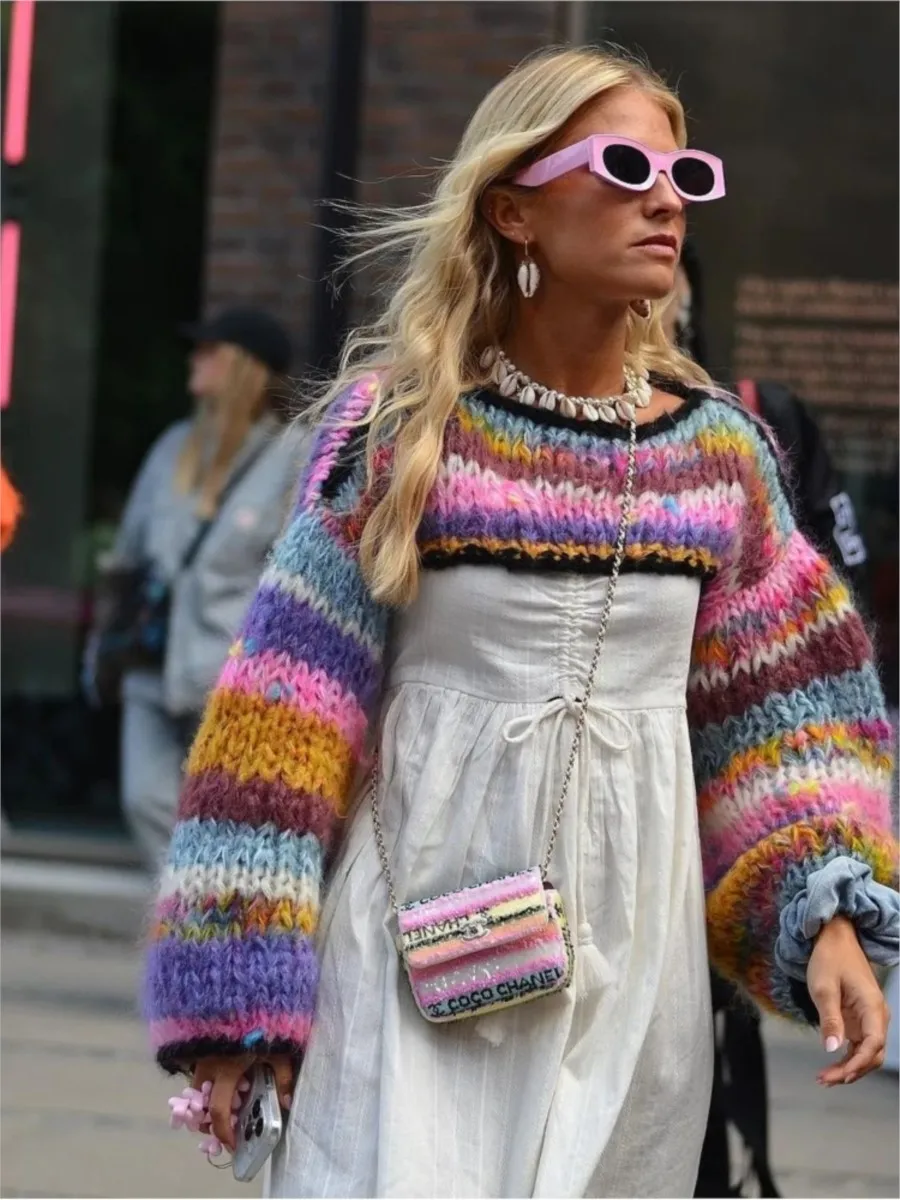 

Rainbow Cropped Cover Up Pullover Sweater 2023 Autumn Knit Plush Stripe Crochet Sweater Coat Lantern Sleeve Loose Knitted Tops