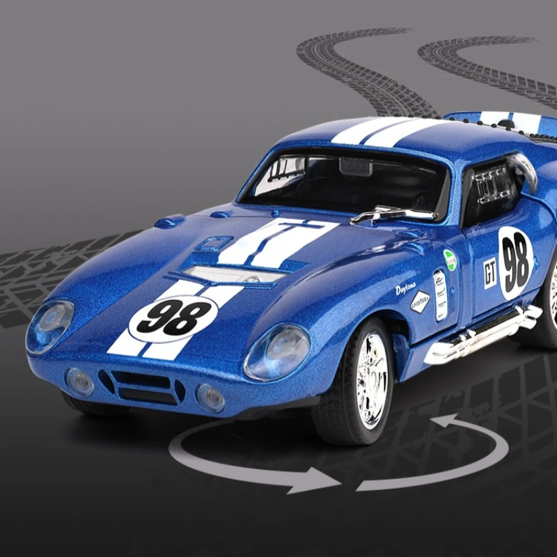 Фото Модель спортивного автомобиля Cobra 427 Daytona Coupe из сплава, масштаб 1:32, со звуком и светом, ретро-модель, украшение для рабочего стола, игрушка для мальчика, подарок №4