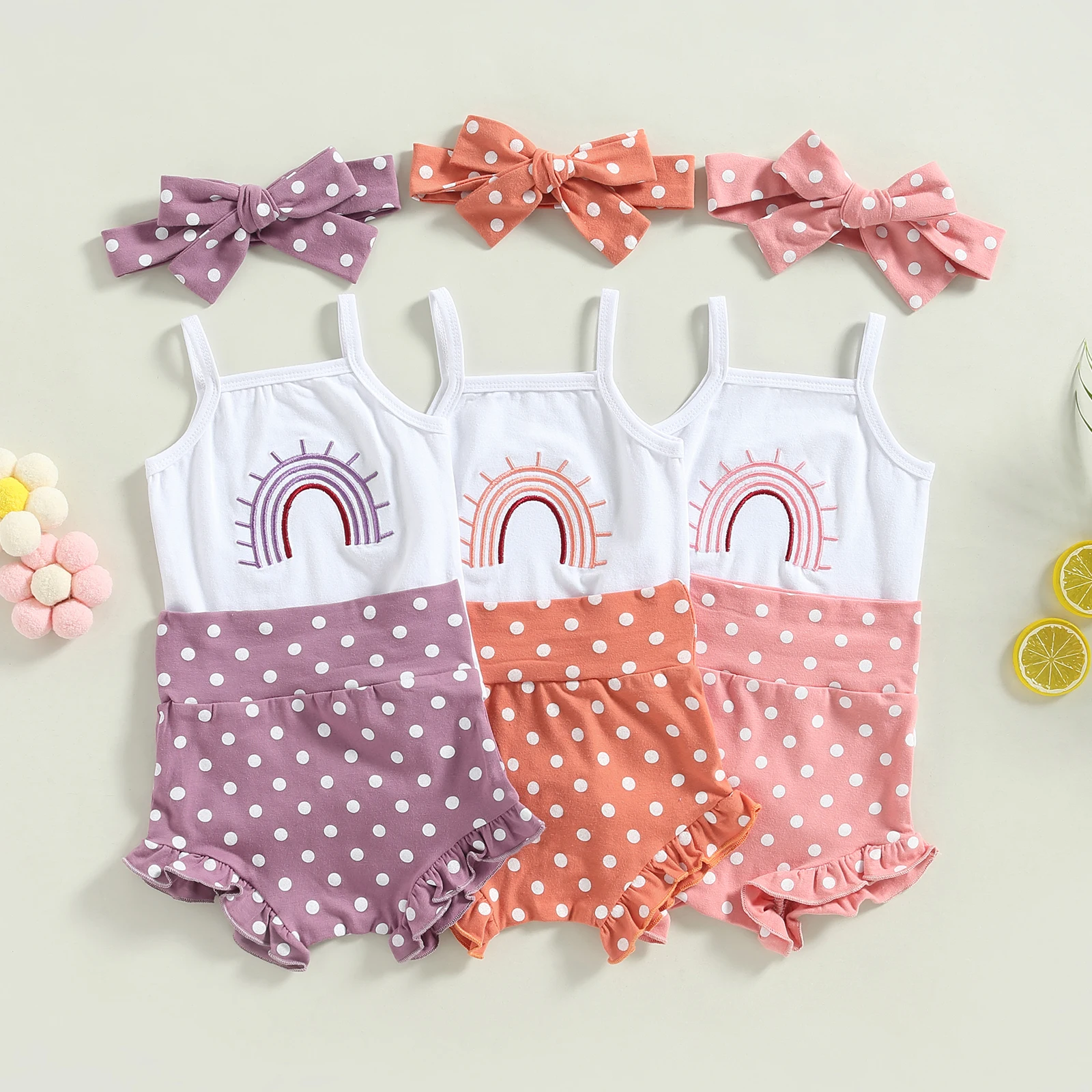 

3PCS Summer Newborn Baby Girl Clothes Set Sleeveless Rainbow Embroidery Sling Vest Romper Shorts Head Band Set Outfits