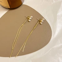 trendy jewelry s925 needle long chain dangle earrings hot sale golden plated simulated pearl earrings for women girl gifts