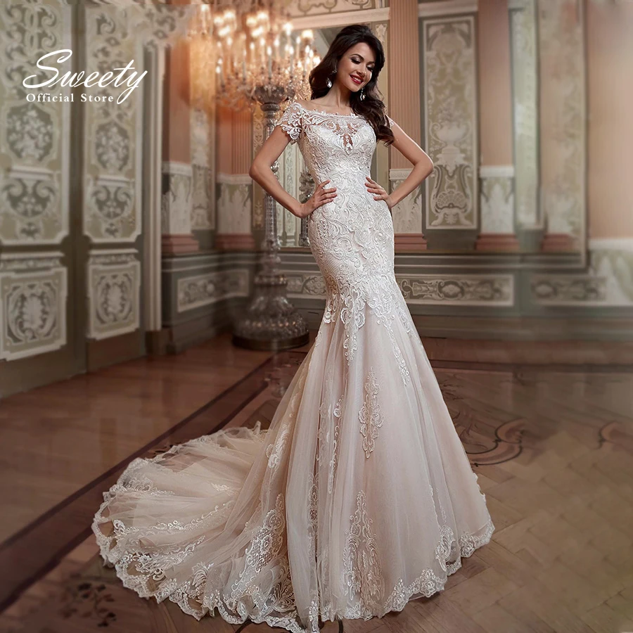 

Elegant Wedding Dress Mermaid With Slim-line O-neck ​vintage Short Sleeves ​bride Gowns Lace Backless Customize Robes De Marie