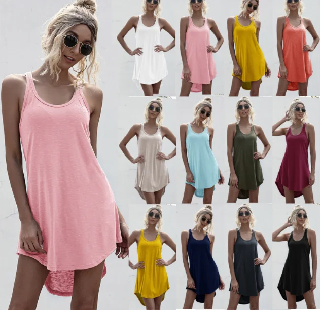 

Summer Dress U-neck Stretchy Solid Women's Mini Dress Casual Beach Dress Vest Tank Strapless Asymmetrical Female Vestidos