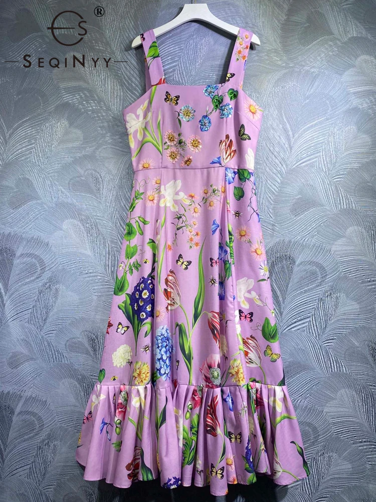 SEQINYY Purple Midi Dress Summer Spring New Fashion Design Women Runway High Street Beading Vintage Flowers Print Slim Holiday