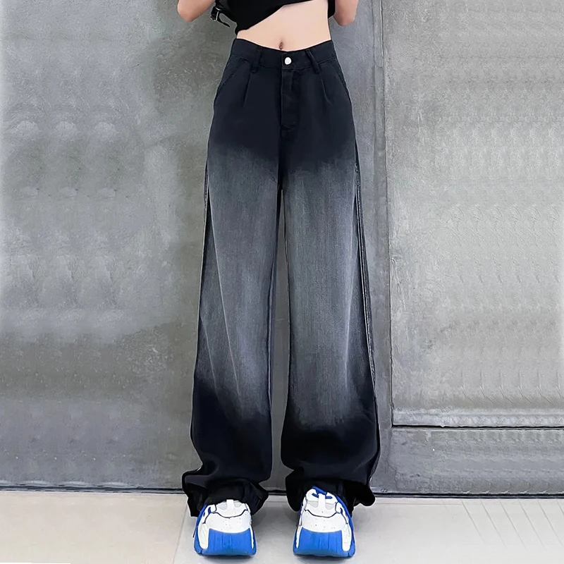 

4Xl Oversized Fashion Patchwork Wide Leg Jeans Women Summer High Waist Casual Straight Pants All Match Gradient Denim Trousers