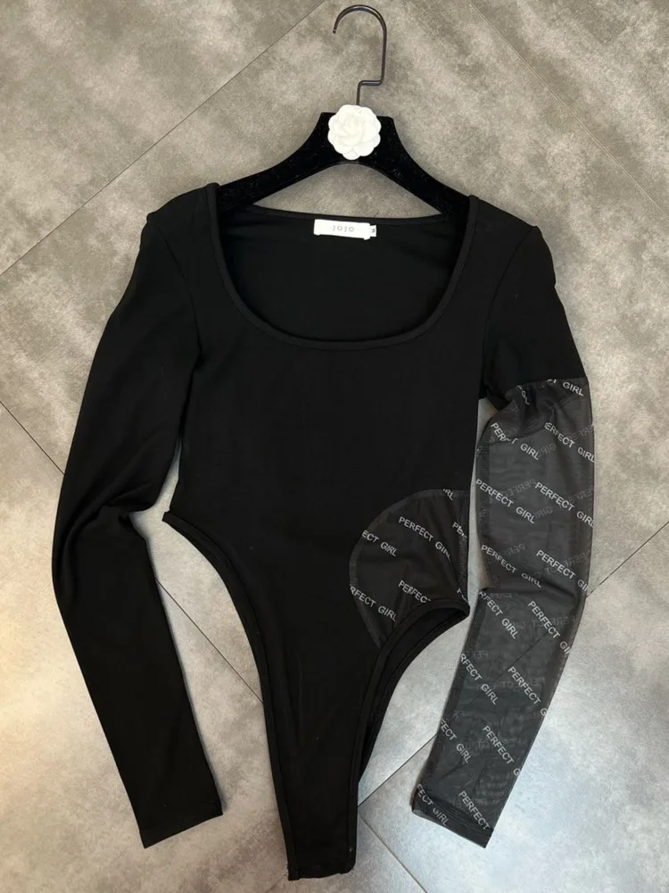 

PREPOMP 2022 Spring Round Collar Black Print Letters Long Mesh Transparent Sleeve Bodysuits Women Romper GD931