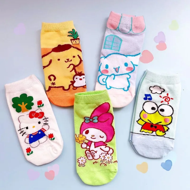 

Новинка, носки-невидимки Sanrio с героями мультфильмов Hello Kitty Cinnamoroll My melody, милые неглубокие носки-лодочки, креативные дышащие Нескользящие невидимые носки