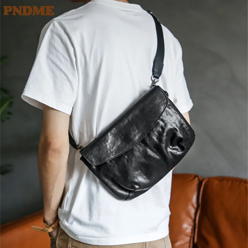 PNDME casual high-quality genuine leather men's crossbody bag designer luxury outdoor daily real cowhide black shoulder bag