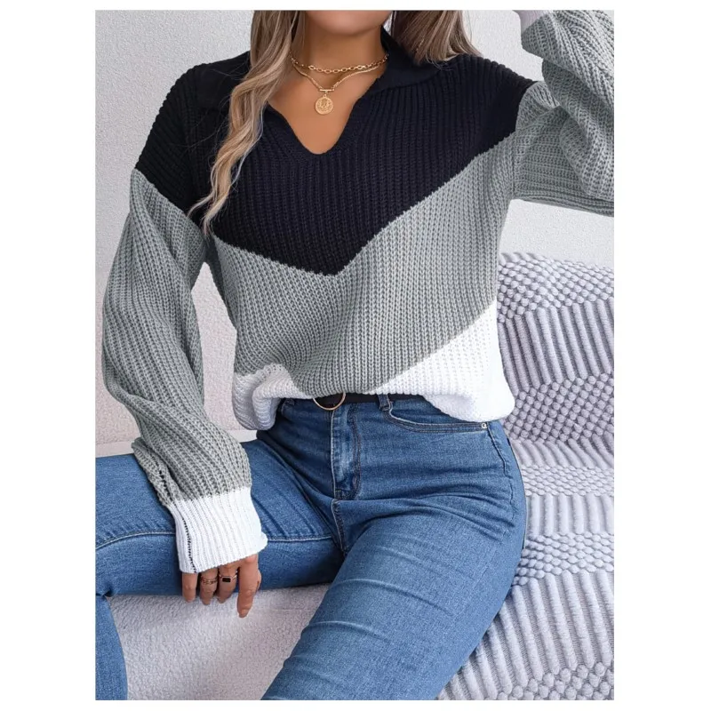 Осенне-зимний женский повседневный вязаный пуловер с контрастными лацканами и