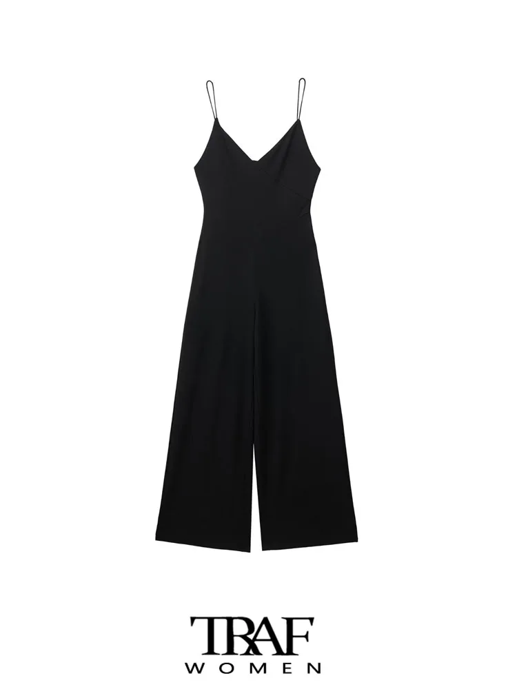 

TRAF Women Fashion Wide Leg Jumpsuits Sexy V Neck Thin Straps Female Playsuits Mujer