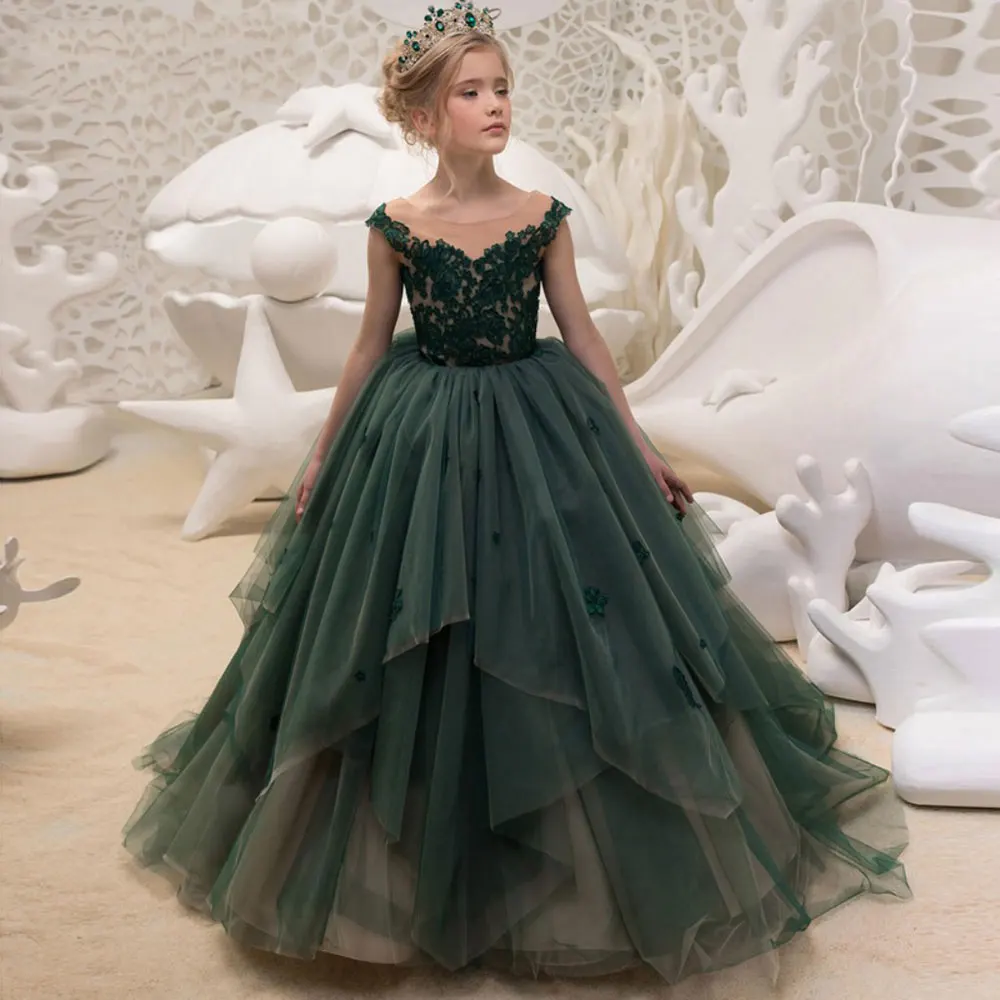 

Green Ball Gown Flower Girl Dresses Tiered Tulle Girls Wedding Party Dresses Nude Lace Appliques Long Girls Pageant Dresses