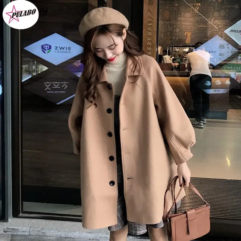 

Long Blends Women Khaki Fall Retro Single Breasted Pure Wide-waisted Lantern Sleeve Lady Coats Casual Clothing All-match