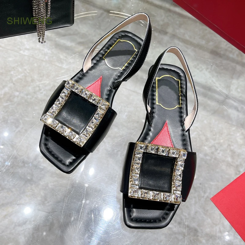 Туфли-лодочки женские на плоской подошве со стразами и квадратной пряжкой -
