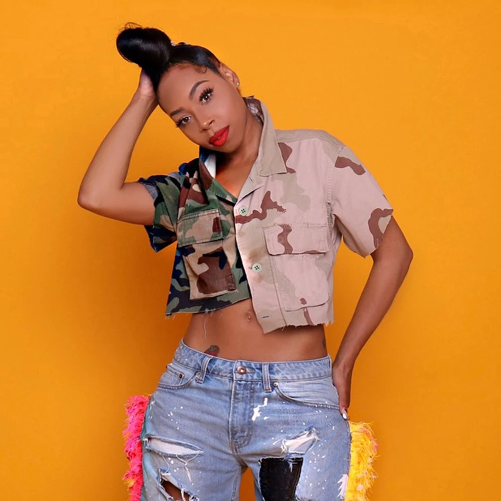 

Xiktop 100% Cotton Denim Jacket T Shirt for Women Camouflage Splicing Contrast Color Short Sleeve Pocket Crop Tops Y2k Fairycore