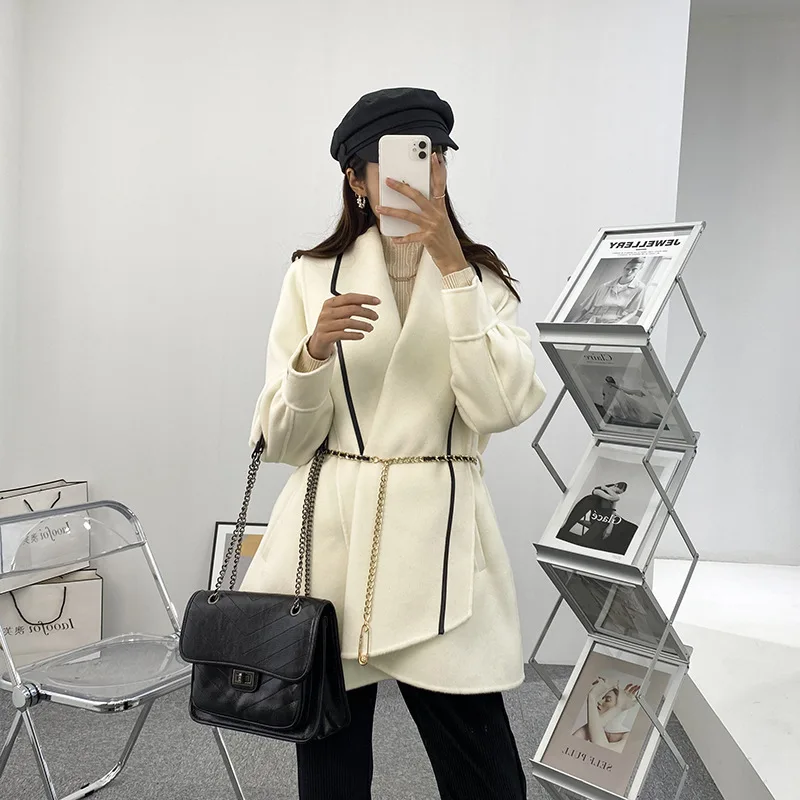 

Женское двубортное кашемировое пальто, Свободное пальто в Корейском стиле с поясом-цепочкой и большими лацканами, Осень-зима 2023