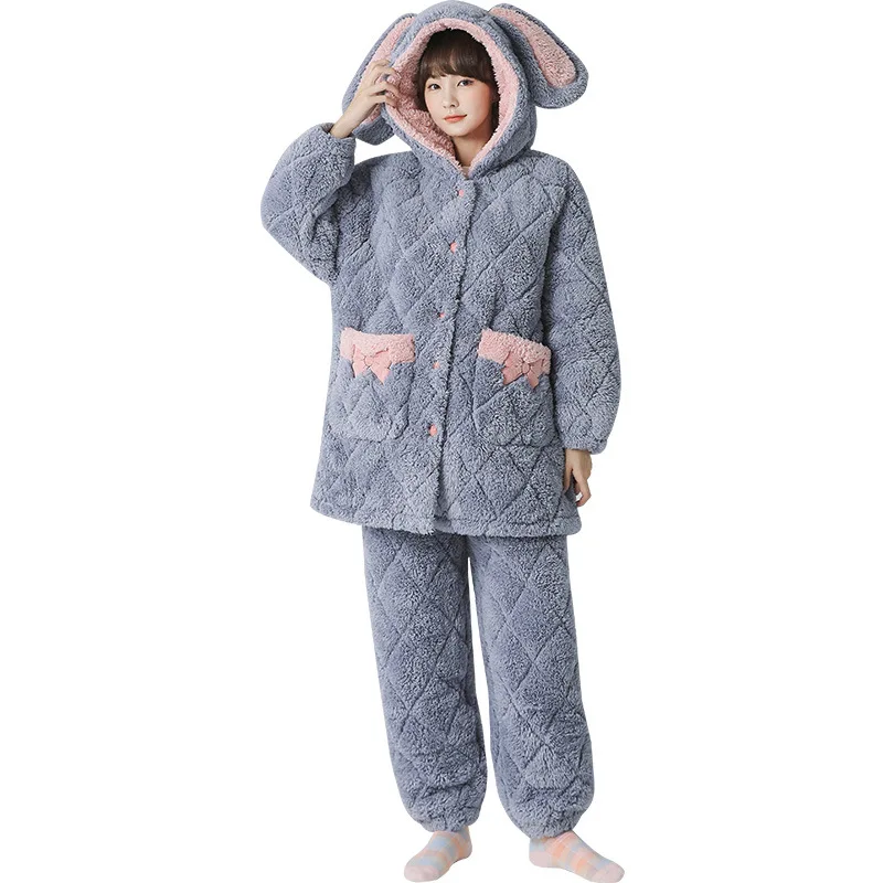 

New Winter Ladies Three-layer Thickened Long-sleeved Warm Flannel Jacket Pajamas Girl Winter Home Clothing Suit Wholesale