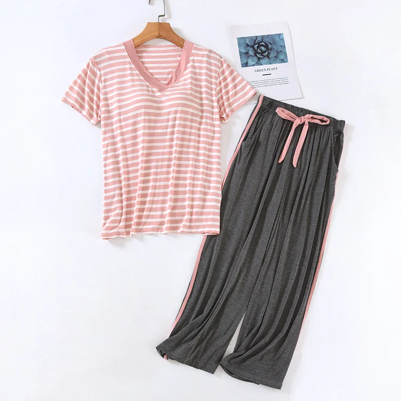 Bra Pajamas Set Short Sleeve T-shirt Pants 2Piece/Set Summer Sexy Stripe Pyjama Plus Size Sweet Homewear Calf-Length Sleepants