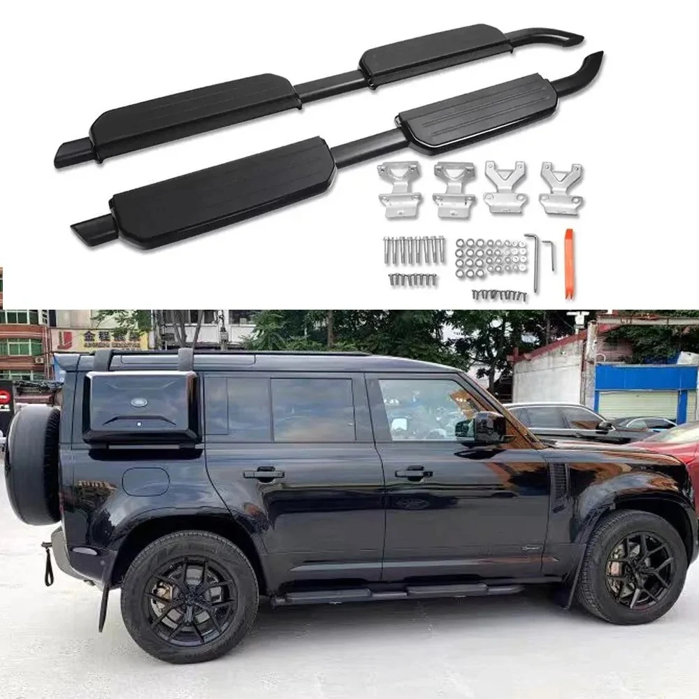 Фото Комплект из 2 боковых подножек (порогов) для Land Rover LR Defender 110 2020-2025, фиксированные педали, защитные пороги (нерф-бары) №1