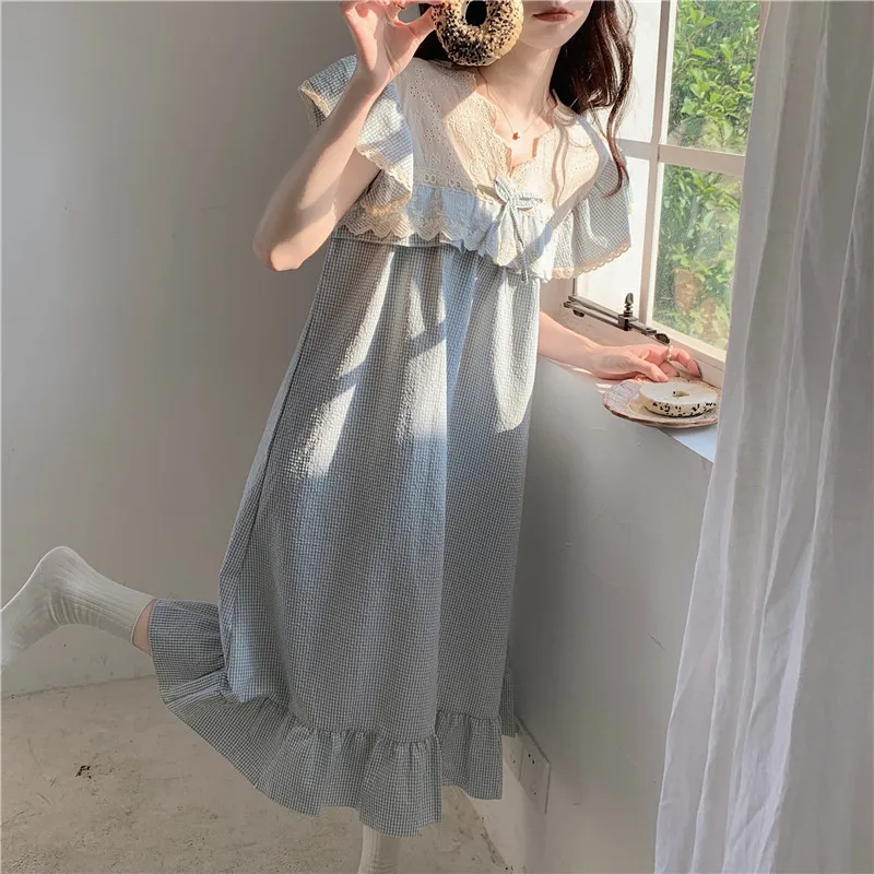Korean Cute Lacework Embroidery Princess Nightgown Women Summer Short Sleeve Plaid Sleepdress Bow Tie Home Clothes Ruffles S075