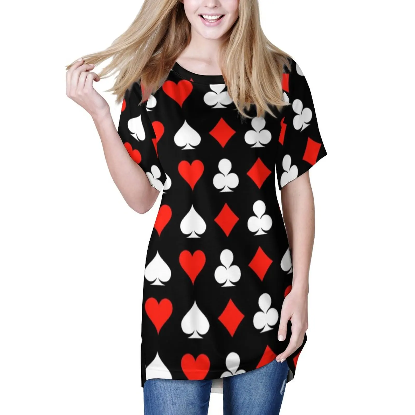 

Принт красное сердце свободные футболки с символами покера, модная футболка в Корейском стиле с коротким рукавом, Современные футболки бол...