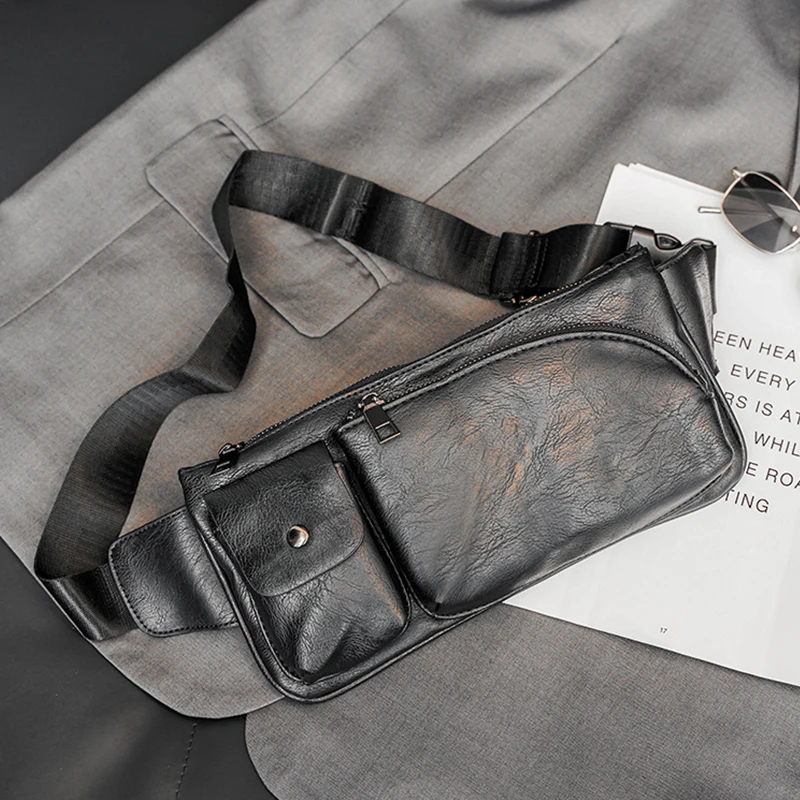 Men Mobile Phone Sling Bags Small Black Crossing Purses Vegan Leather Single Shoulder Chest Purse Man Bag Crossbody