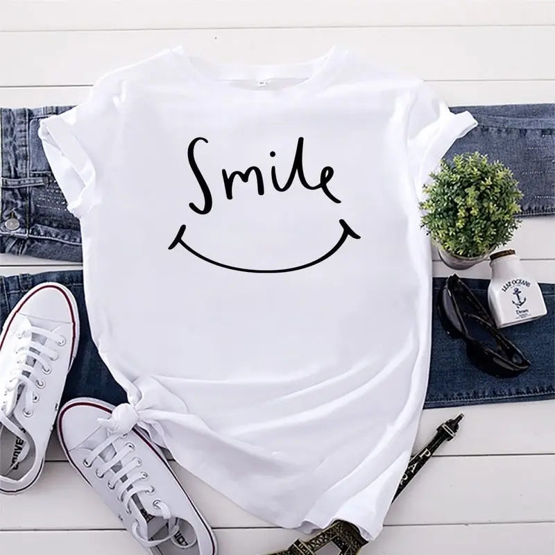 

Women Casual Fashion Short Sleeve Smile Letter Print Daily Regular Female Summer Graphic T-shirt Ladies Vintage O-Neck Tees Tops