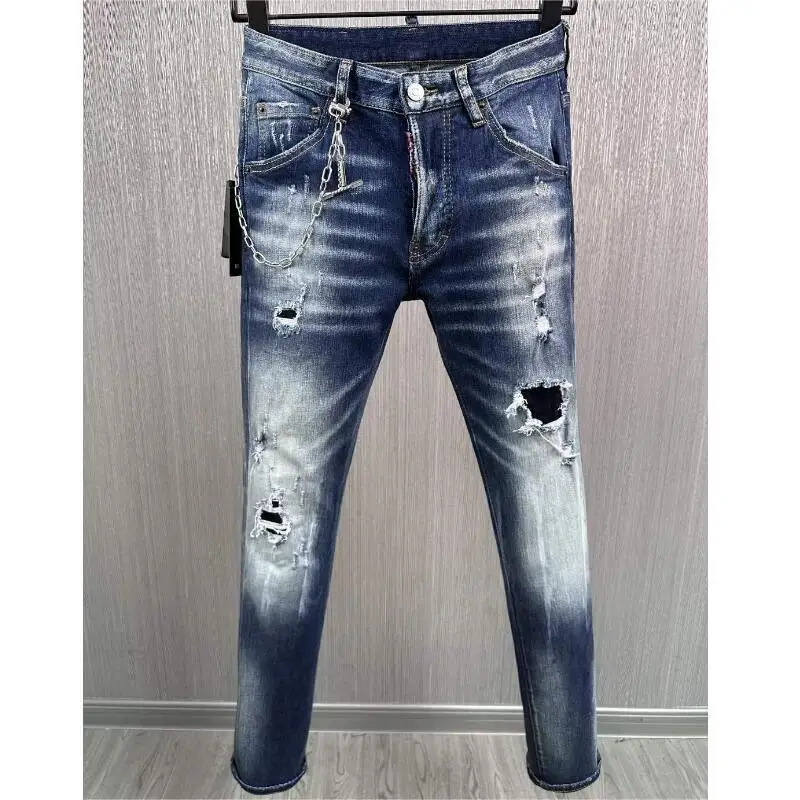 

Men's Fashion Hole Spray Painted Jeans Trendy Moto&Biker High Street Casual Denim Fabric Pants 9891#