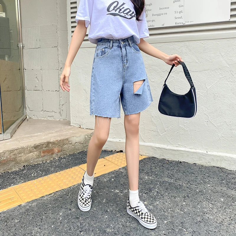 Hole Straight Jeans Women's summer Shorts korean Women's Clothes Pants Loose Cotton Blend Vintage Shorts