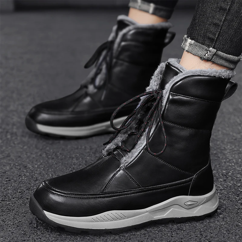 Leather Men Boots Winter Warm Snow Boots Men Winter Work Casual Shoes Sneakers High Top Rubber Ankle Boots Soulier Homme images - 6