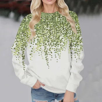 Autumn Fashion Green Leaves Gradient Loose Print O Neck Sweatshirt Woman Long Sleeve Streetwear Hoodie For Women Moletom 2023 1