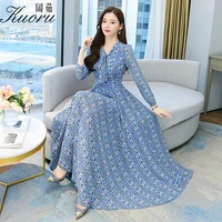 women elegant long sleeve summer dress for 2022 blue chiffon clothes tunics maxi casual yellow floral chic party evening dresses