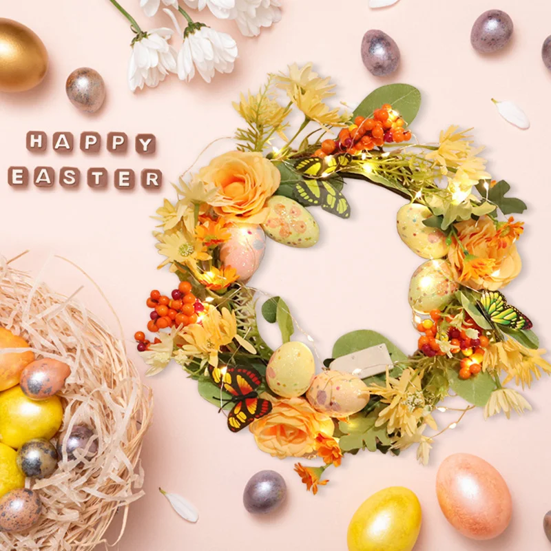 

30cm Easter Colorful Eggs Wreath Door Wall Hanging Pendants Simulated Green Plant Egg Decoration Garland Rattan Supplies