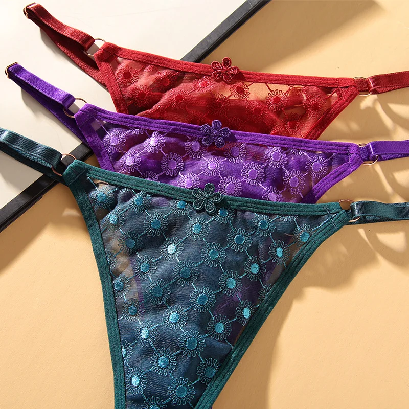 

New Ladies Sexy Large Size Floral Jacquard Panties Fashion Low Waist Breathable Tulle Adjustable Thong
