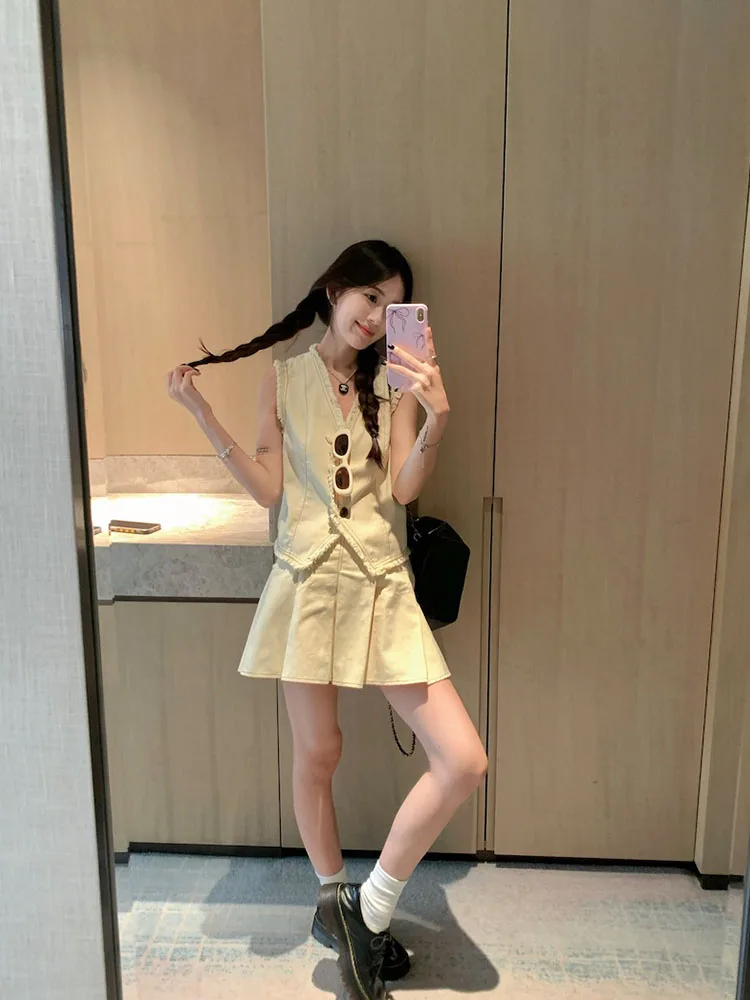 Лето 2024 Женская одежда Комплект из 2-х предметов Юбки с v-образным вырезом