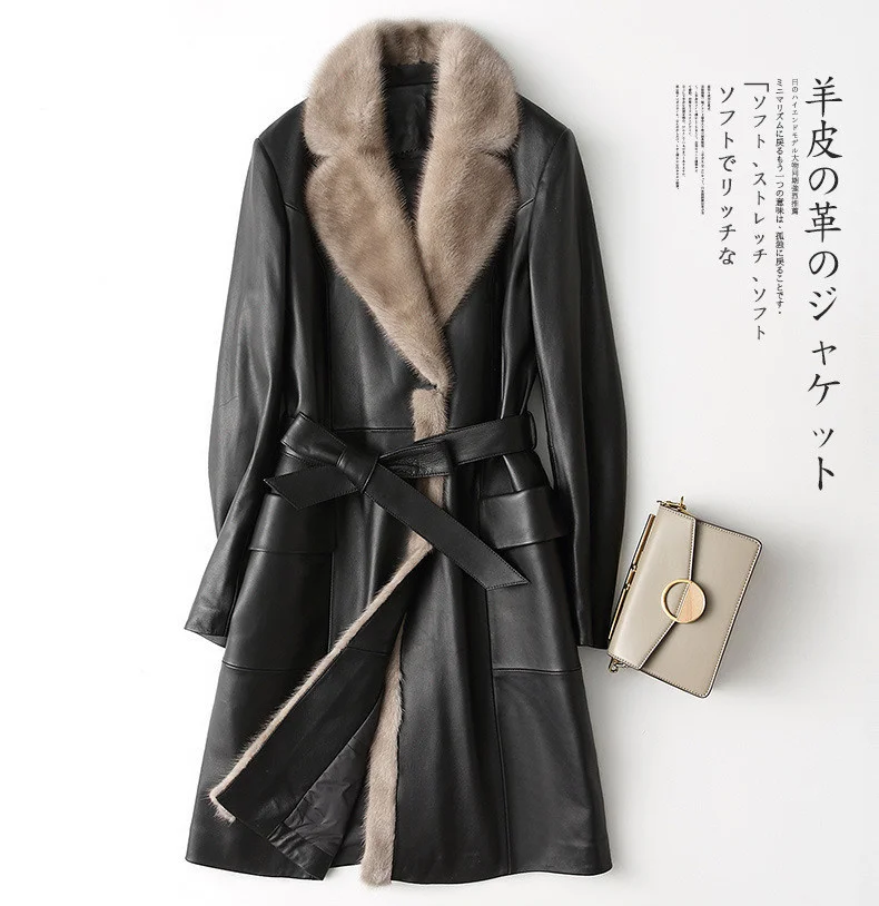 

Роскошная Длинная женская куртка из натуральной кожи, зимние пуховики с норковым меховым воротником, пальто из натуральной овчины, женские куртки X25WYQ16422023