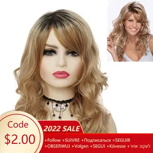 GNIMEGIL Synthetic Hair Wigs for White Women Blonde Wig with Dark Roots Long Curly Wig with Bangs Natural Haircut Mommy Wig Hat