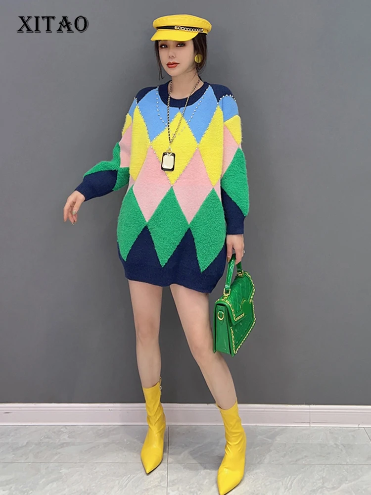 XITAO Color Block Sweater Woman Korea 2022 Winter New Arrival Personality Fashion Loose O-neck Full Sleeve Sweater WLD9459