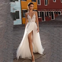 boho chic wedding dress vestido de noiva side split lace tulle bohemian bridal dress backless spaghetti straps wedding gowns