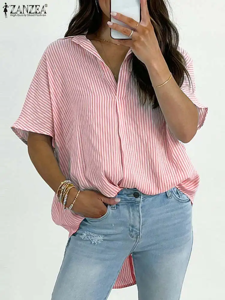 

ZANZEA Office Striped Shirt Casual Loose Tunic Top Fashion High Low Blouse Summer Women Lapel Neck Oversize Short Sleeve Camisas