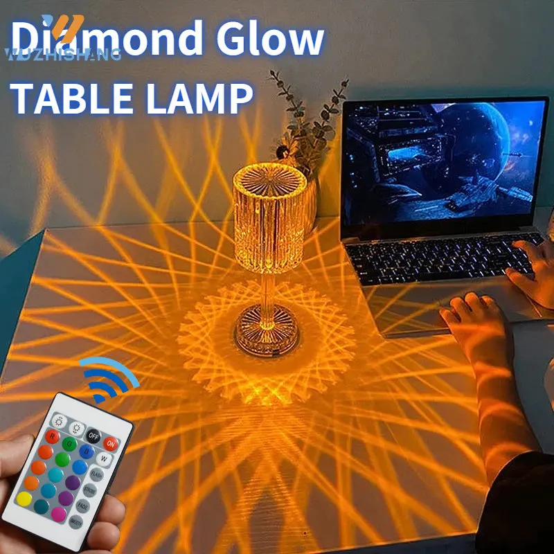 

Diamond Table Lamp Crystal Touch Control Color Changing Light Romantic Bar Atmosphere Lamp Acrylic USB Projector Night Light