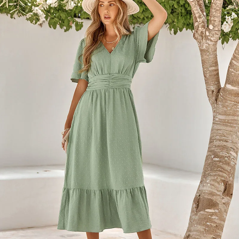 

Casual Women Fashion Dresses Long Plush Pom Elastic Waist Short Sleeves Large Ruffle Hem vestiods Flowy High Waist Formal Basics