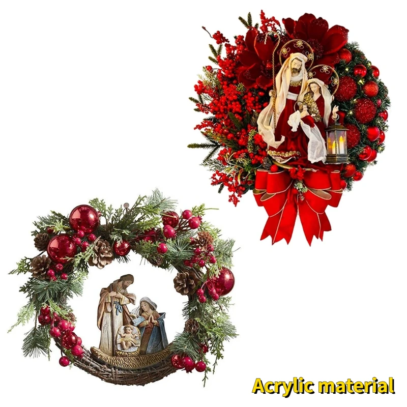 

Christmas Nativity Holy Family Wreath with Artificial Berries Greenery Bow Jesus Christ Hanging Garland Xmas Front Door Decor Ac