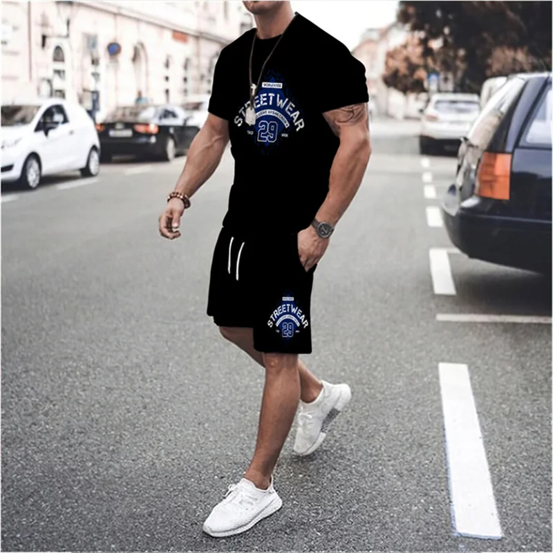 

Summer New Hot Sale Men's T Shirts Set Oversized Loose Clothes Short Sleeve Fashion Letters Printed O Collared Tees Short Set