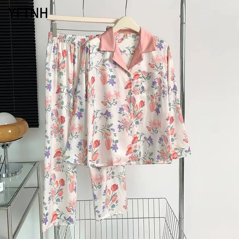 

YFTNH Boutique пижамный комплект с длинным рукавом для женщин одежда для сна мягкий шелк тюльпан цветочный принт Домашняя одежда модная весенняя ...
