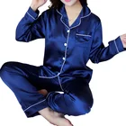 Женская атласная Шелковая пижама с отложным воротником и длинным рукавом