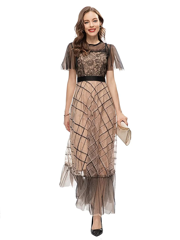 

Summer New Women'S High Quality Fashion Lace Mesh Plaid Pure Color Slim Unique Runway Celebrity Party Girls Elegant Long Dress