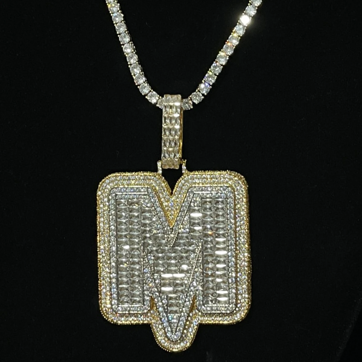 Aokaishen A~Z Single Baguette Letter Name Necklace Chain For Men Full Zircon Pendant Rock Rapper Hip Hop Jewelry