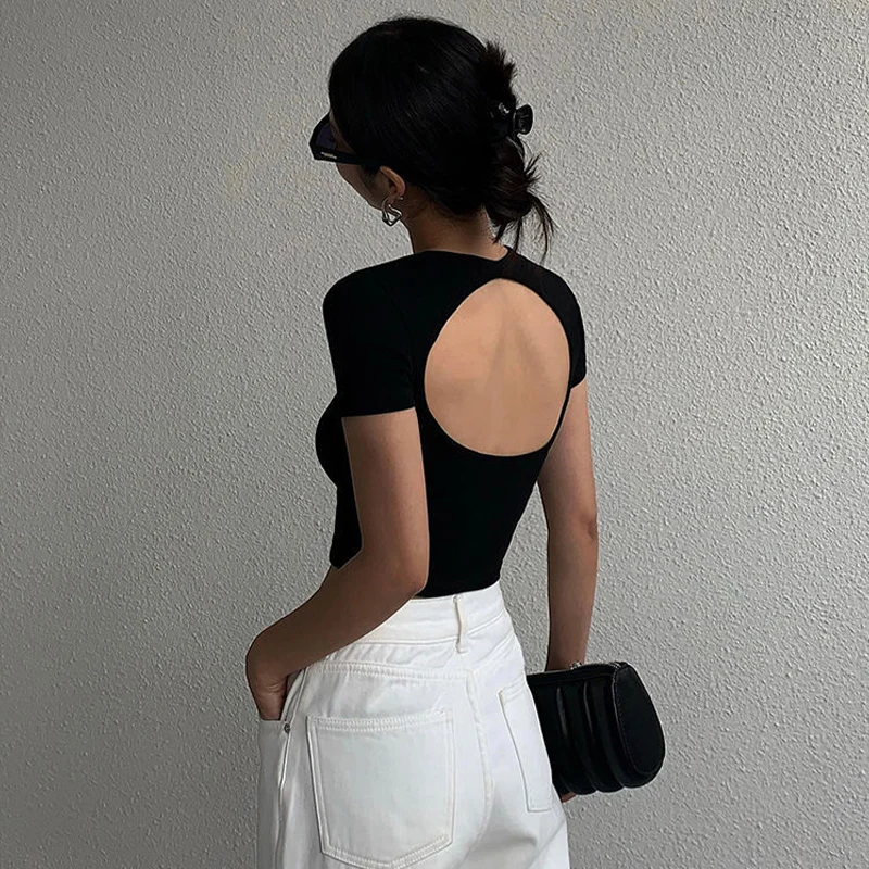 

Short-Sleeved Backless Cropped Top Women 2022 Summer Black White Slim Fit Bottoming Short T-Shirt Ete Camisetas De Mujer