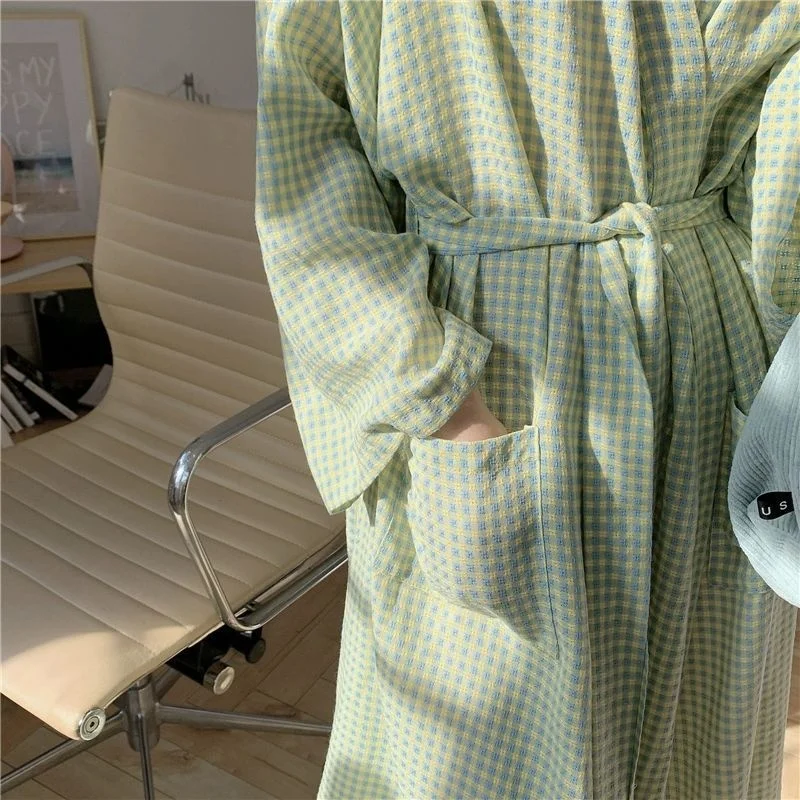 Bathrobe Women Cotton Long Sleeve Robe Plaid Female Japanese Kimono Autumn Sleepwear Home Clothes for Sleeping Pajamas Nightgown