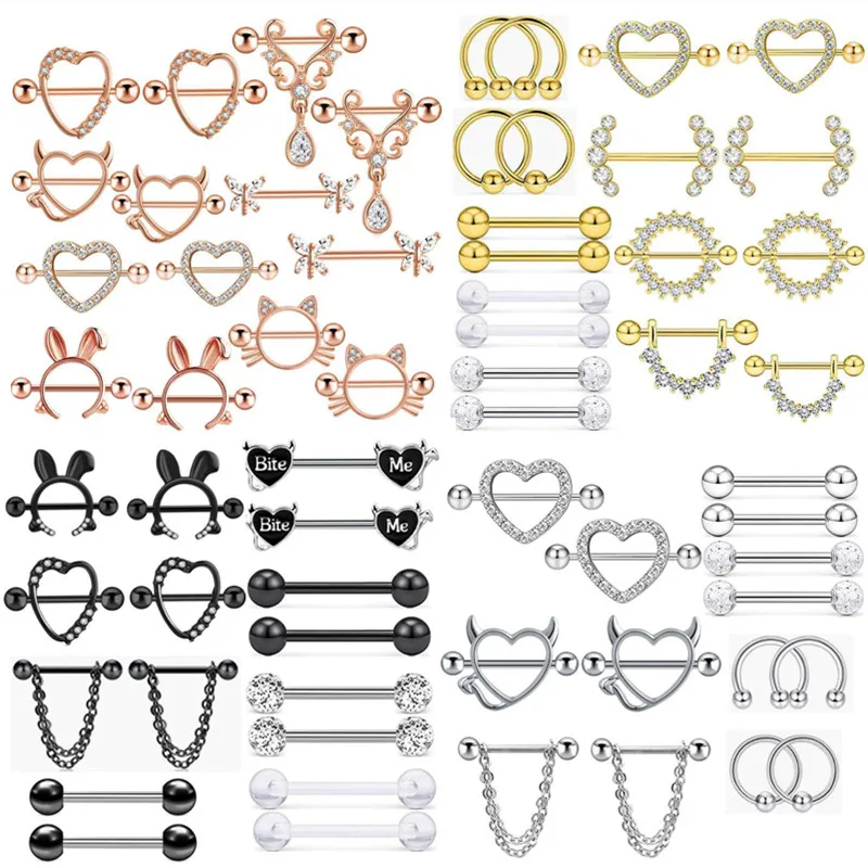 Набор для пирсинга сосков из нержавеющей стали с кристаллами