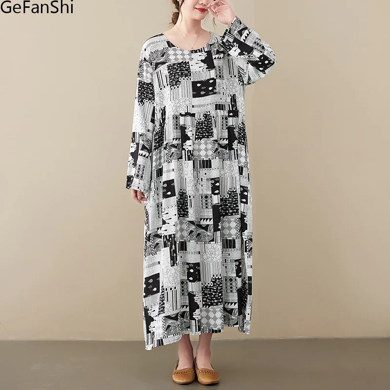 

Женское винтажное платье из хлопка и льна, длинное Повседневное платье свободного покроя с длинным рукавом и художественным принтом, весна-осень 2022